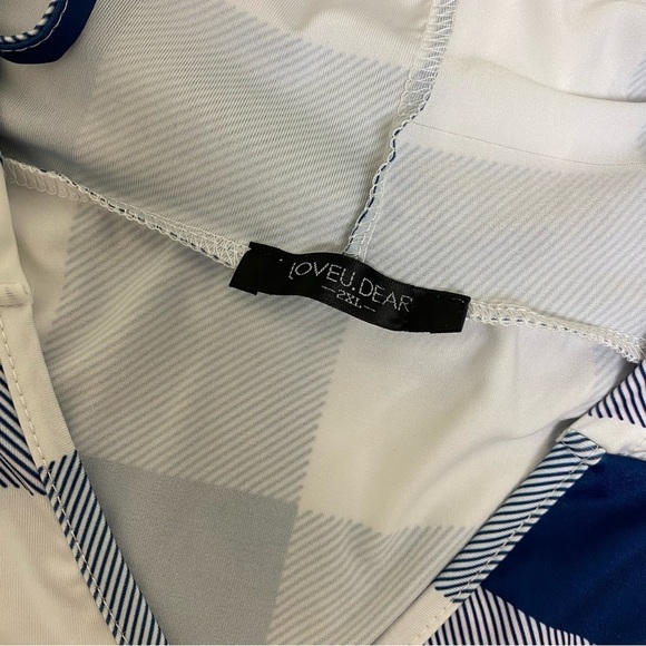 UDEAR Navy & White Buffalo Check Empire-Waist V-Neck Hooded Tunic Women size XXL - Picture 4 of 7